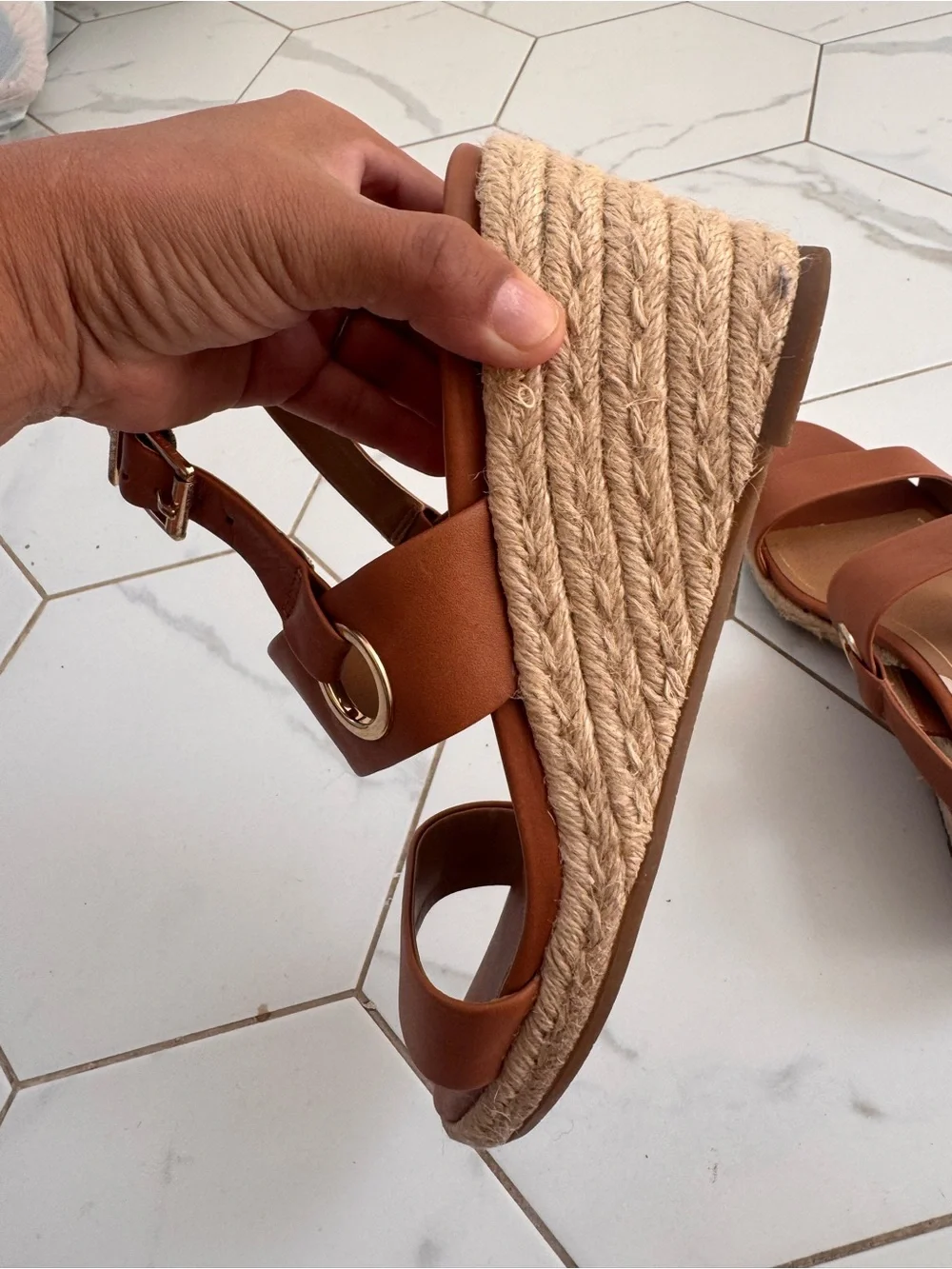 Vionic Tulum Espadrille Wedge in Brown Leather with Gold Hardware Slingback 9.5